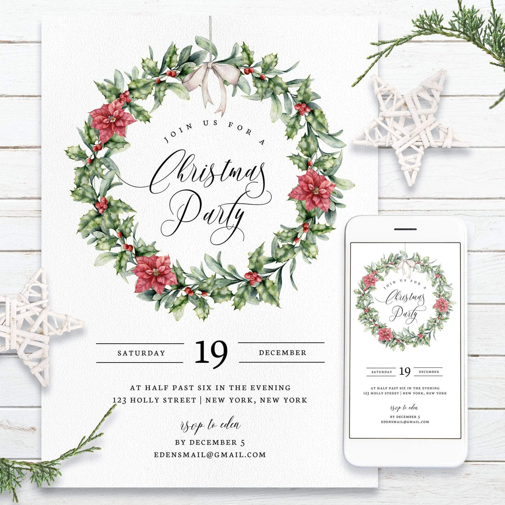 Holiday Wreath Christmas Party Invitation Editable Printable Template ...
