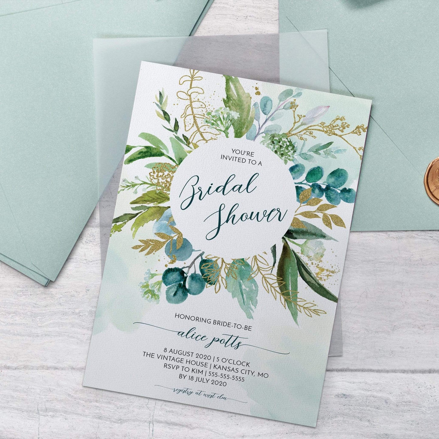 Loblolly Creative Digital Template Verdant Wreath Bridal Shower Invitation